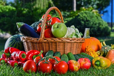 Bahçede taze organik sebzeler ve meyveler var. Dengeli diyet