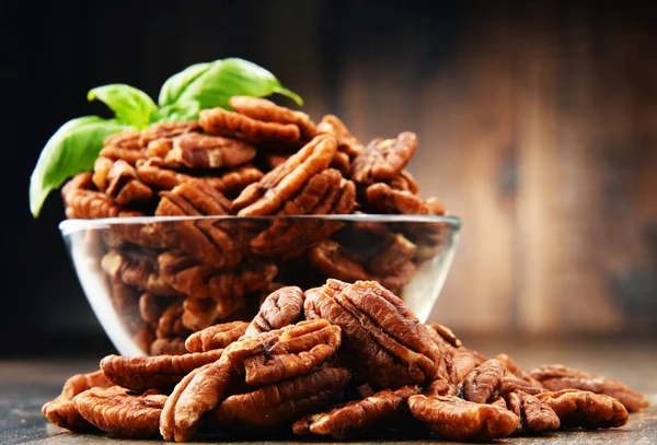 Bowl Pecan Nuts Wooden Table Delicacies — Stock Photo, Image
