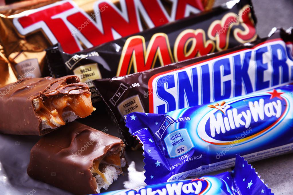 POZNAN, POL - JUN 19, 2018: Assorted confectionery products of Mars company, including Snickers, Twix, Milky Way, Bounty and Mars