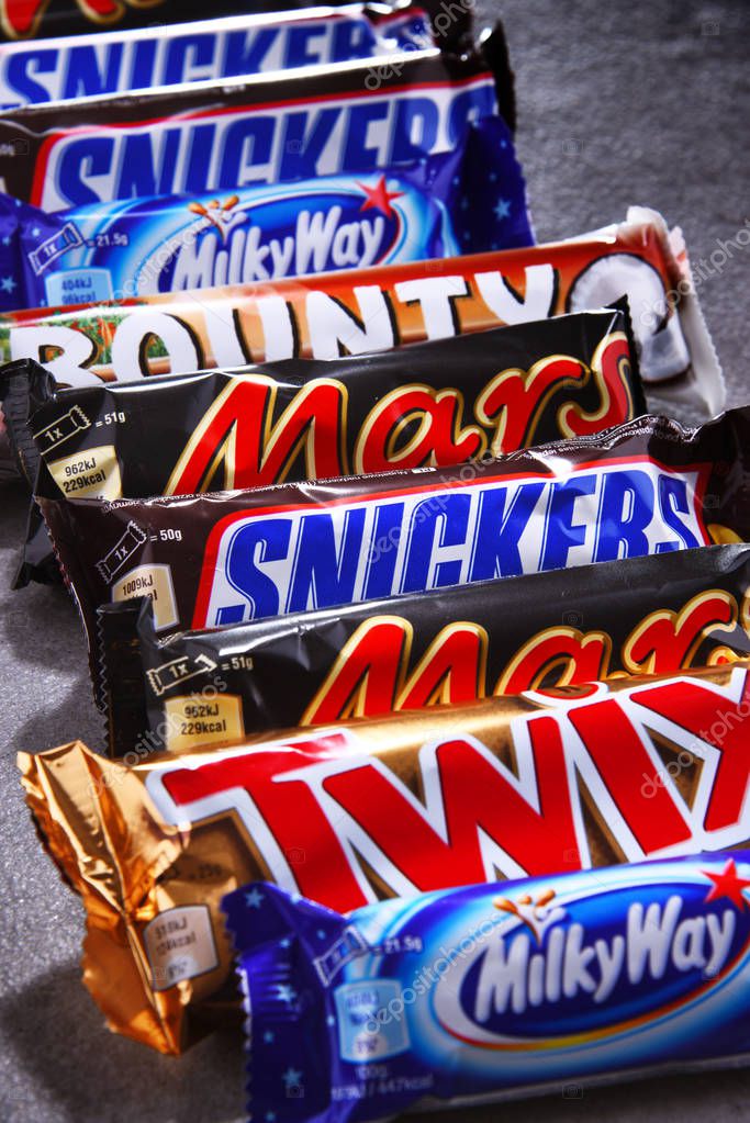 POZNAN, POL - JUN 19, 2018: Assorted confectionery products of Mars company, including Snickers, Twix, Milky Way, Bounty and Mars