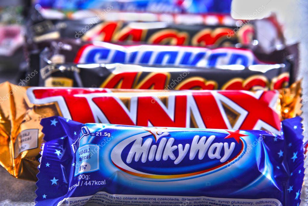 POZNAN, POL - JUN 19, 2018: Assorted confectionery products of Mars company, including Snickers, Twix, Milky Way, Bounty and Mars