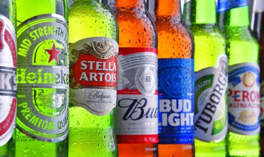 POZNAN, POL - 19 Temmuz 2018: Heineken, Bud, Miller, Tuborg, Becks, Stella Artois, Peroni ve San Miguel gibi ünlü küresel bira markaları
