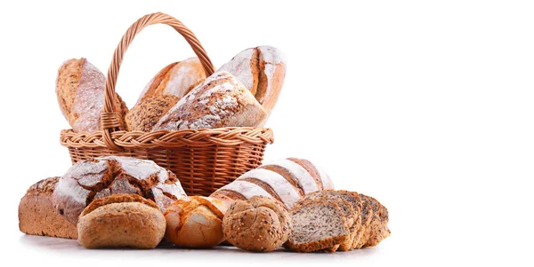 Composition Assorted Bakery Products Wicker Basket Isolated White — Stock Photo, Image