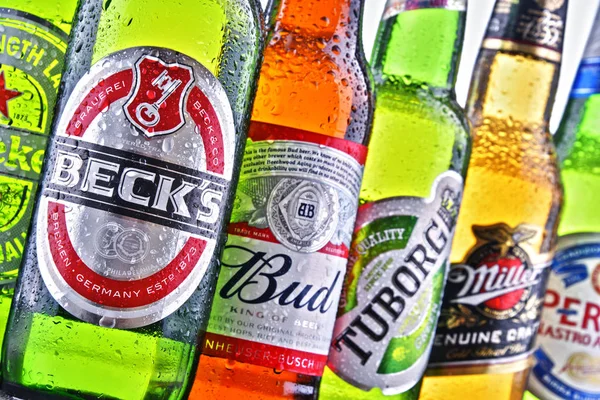 Poznan Pol July 2018 Bottles Famous Global Beer Brands Including — Stock Photo, Image