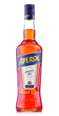 POZNAN, POL - JUL 20, 2018: Bottle of Aperol, an Italian aperitif made of gentian, rhubarb, and cinchona, It is produced by the Campari company. clipart