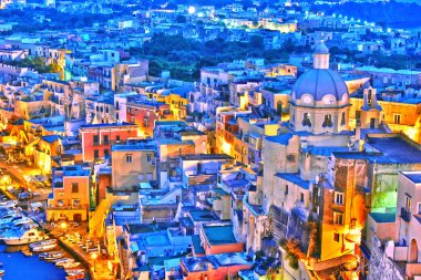 Procida Island, İtalya'nın Metropolitan City of Naples, Campania, İtalya'nın panoramik manzaralı.