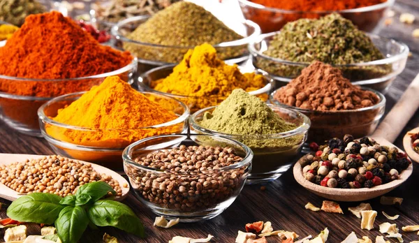 Variety Spices Herbs Kitchen Table — Stock Photo, Image