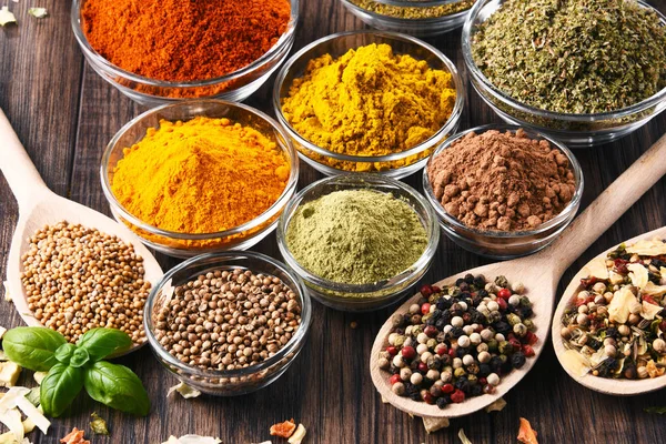 Variety Spices Herbs Kitchen Table — Stock Photo, Image