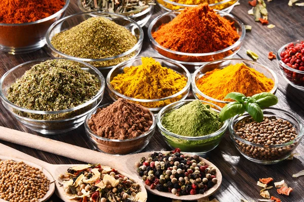 Variety Spices Herbs Kitchen Table — Stock Photo, Image