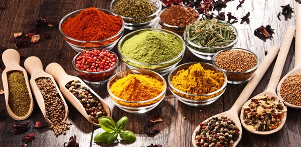 Variety Spices Herbs Kitchen Table — Stock Photo, Image