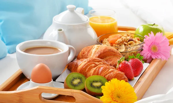 Plateau Petit Déjeuner Lit Dans Chambre Hôtel — Photo