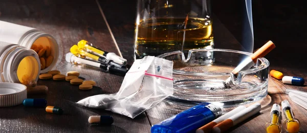 Addictive Substances Including Alcohol Cigarettes Drugs — Stock Photo, Image