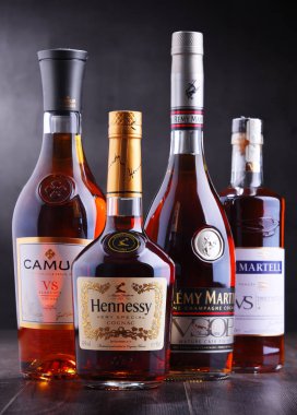 Poznan, Pol - 27 Eylül, 2018: Şişe Martell, Camus, Hennessy ve Remy Martin gibi ünlü Konyak markaları.