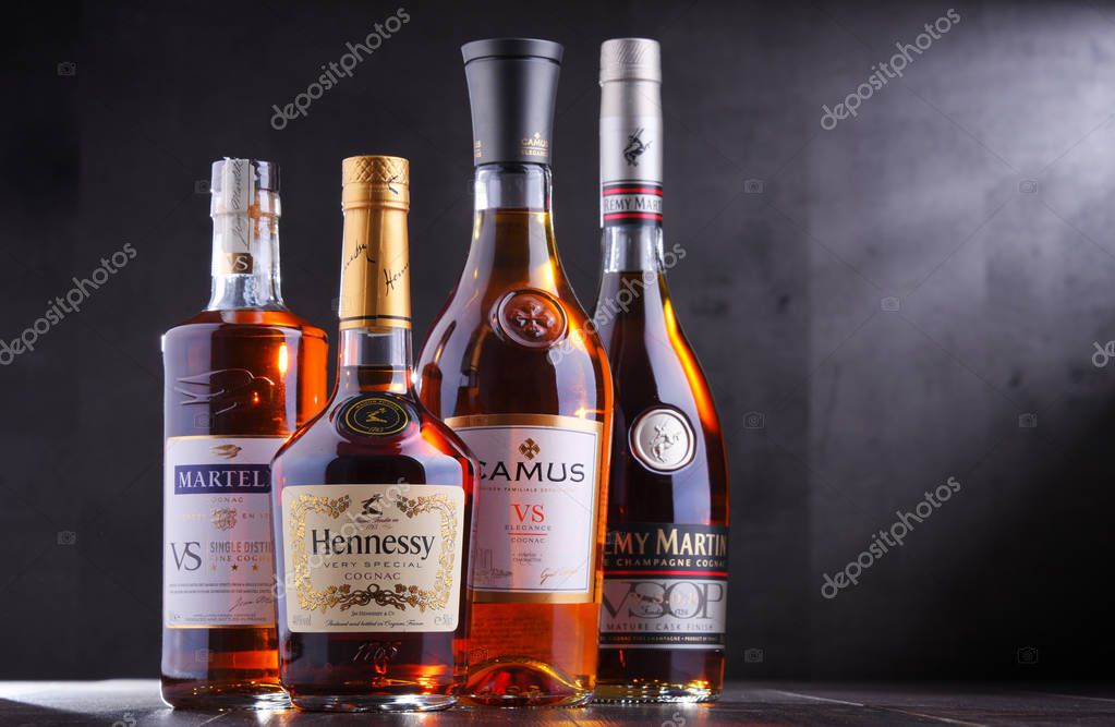 POZNAN, POL - SEP 27, 2018: Bottles of famous Cognac brands including Martell, Camus, Hennessy and Remy Martin.