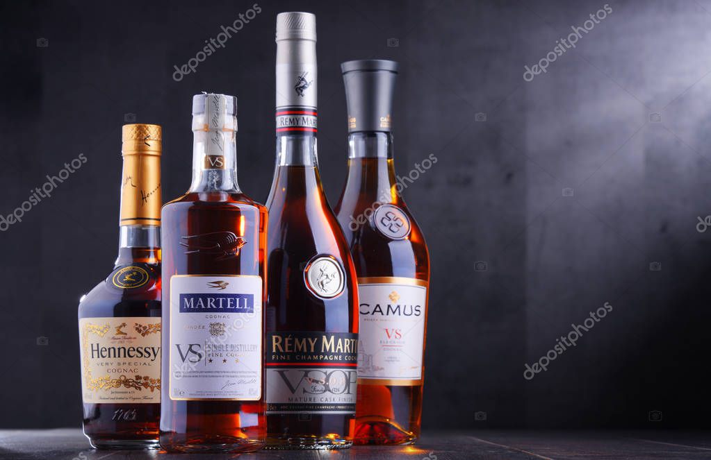 POZNAN, POL - SEP 27, 2018: Bottles of famous Cognac brands including Martell, Camus, Hennessy and Remy Martin.