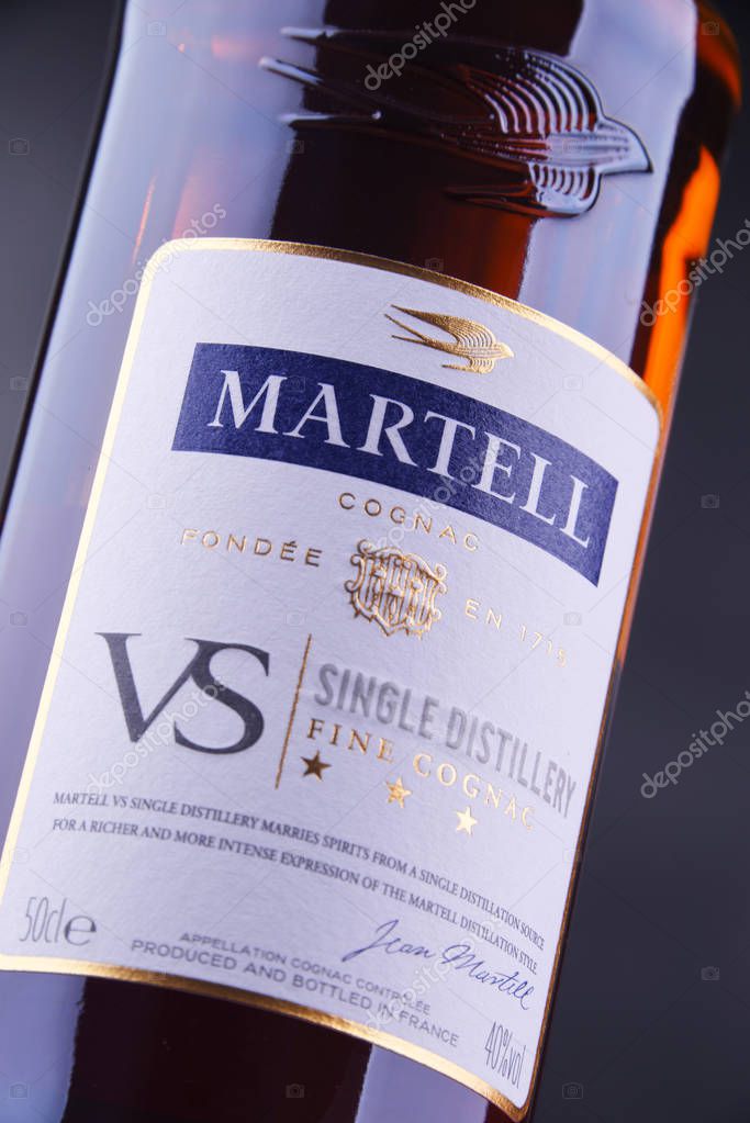 POZNAN, POL - SEP 27, 2018: Bottle of Martell Cognac, a brand founded in 1715 by Jean Martell, now owned by French wines and spirits congolmerate Pernod-Ricard.