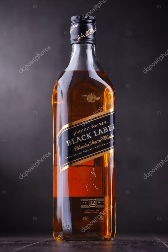 POZNAN, POL - SEP 27, 2018: Bottle of Johnnie Walker, the most widely distributed brand of blended Scotch whisky in the world with sales of over 130 million bottles a year.