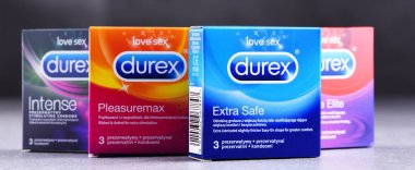 Poznan, Pol - 28 Eylül 2018: Durex ürünleri, bir marka prezervatif ilk olarak geliştirilen ve Ssl International tarafından İngiltere'de Anglo-Hollandalı şirket Reckitt Benckiser aittir 2010 yılından bu yana üretilen