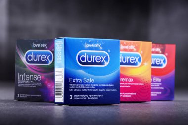 Poznan, Pol - 28 Eylül 2018: Durex ürünleri, bir marka prezervatif ilk olarak geliştirilen ve Ssl International tarafından İngiltere'de Anglo-Hollandalı şirket Reckitt Benckiser aittir 2010 yılından bu yana üretilen