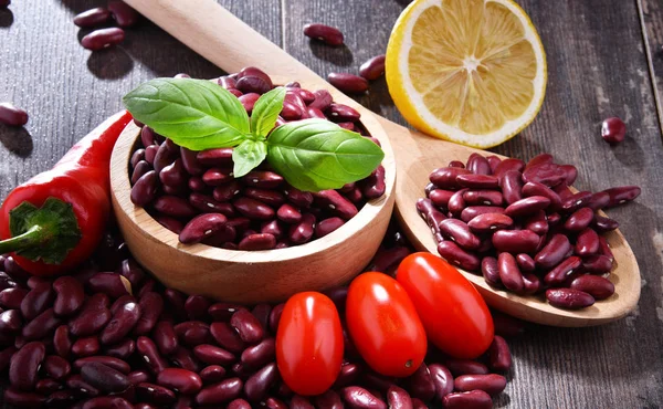 Composition Bowl Kidney Bean Wooden Table — Stock Photo, Image