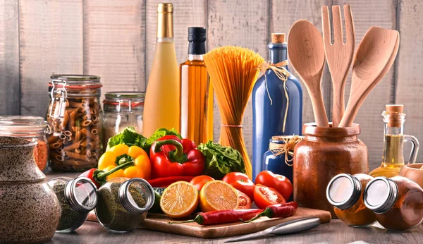 Composition Assorted Food Products Kitchen Utensils Table — Stock Photo, Image