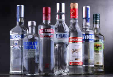 Poznan, Polonya - 15 Kasım 2018: Şişe votka, dünyanın en büyük uluslararası ticareti ruhu yaklaşık 500 milyon 9 litre tahmini satış ile birkaç küresel markaların durumlarda bir yıl.