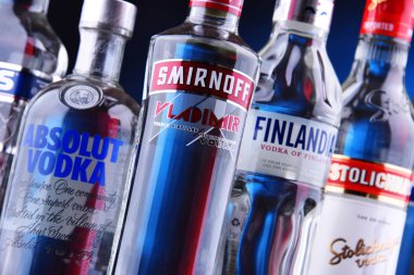 Poznan, Polonya - 15 Kasım 2018: Şişe votka, dünyanın en büyük uluslararası ticareti ruhu yaklaşık 500 milyon 9 litre tahmini satış ile birkaç küresel markaların durumlarda bir yıl.