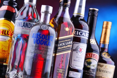 Poznan, Polonya - 16 Kasım 2018: Şişe viski, votka, konyak ve likör de dahil olmak üzere çeşitli küresel içki markaları