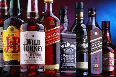 Poznan, Polonya - 16 Kasım 2018: Birkaç küresel viski marka, dünyanın en popüler likör şişesi.