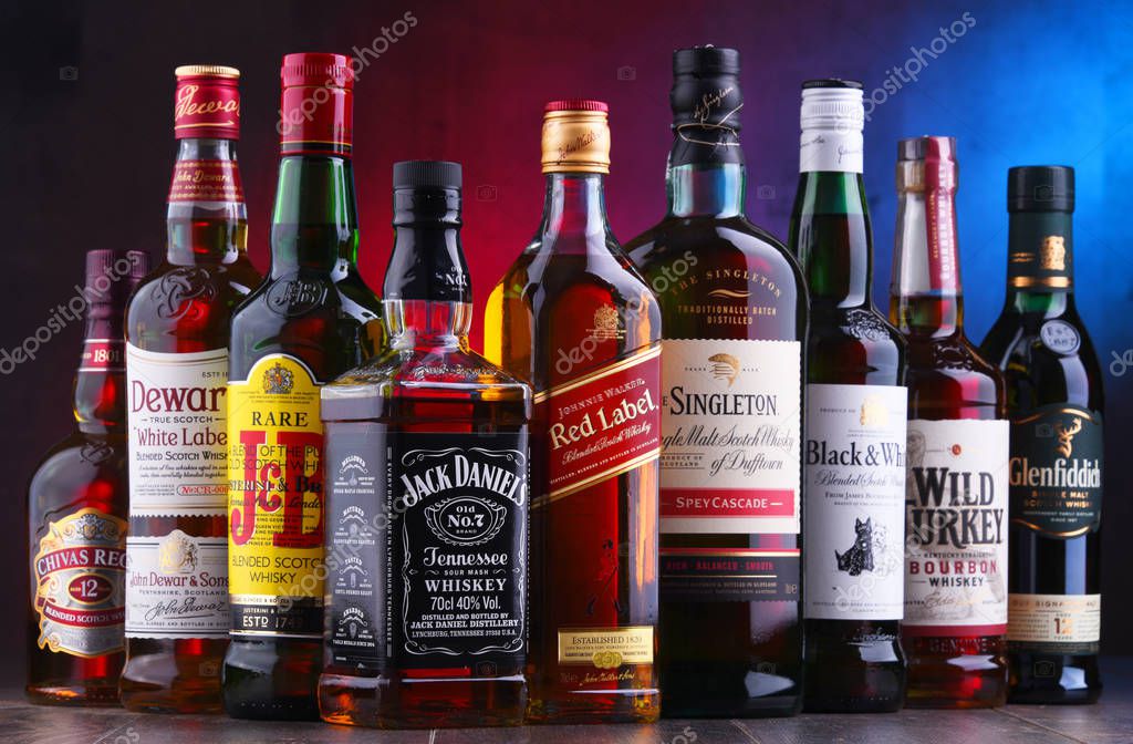 POZNAN, POLAND - NOV 16, 2018: Bottles of several global whiskey brands, the most popular liquor in the world.