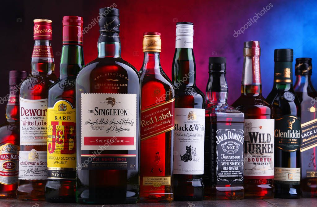 POZNAN, POLAND - NOV 16, 2018: Bottles of several global whiskey brands, the most popular liquor in the world.