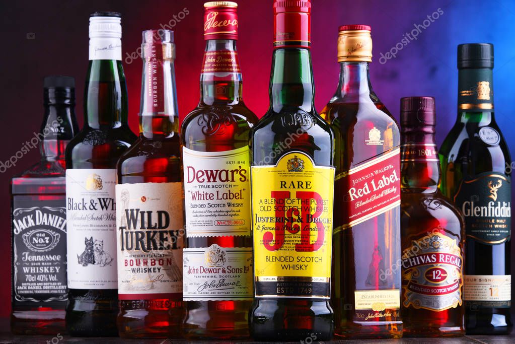 POZNAN, POLAND - NOV 16, 2018: Bottles of several global whiskey brands, the most popular liquor in the world.