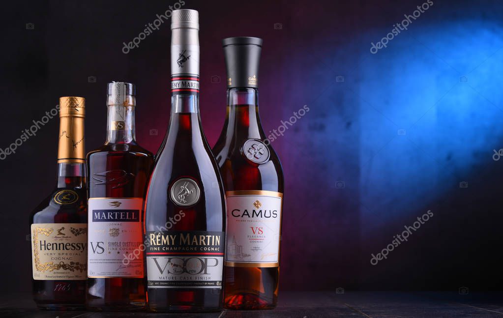 POZNAN, POL - NOV 16, 2018: Bottles of famous Cognac brands including Martell, Camus, Hennessy and Remy Martin.