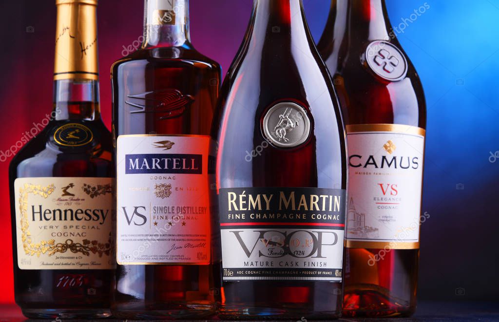 POZNAN, POL - NOV 16, 2018: Bottles of famous Cognac brands including Martell, Camus, Hennessy and Remy Martin.