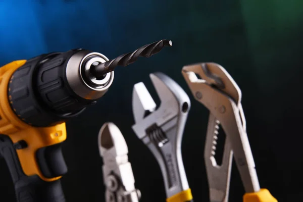 Composition Hardware Tools Including Cordless Drill Monkey Spanner — Stock Photo, Image