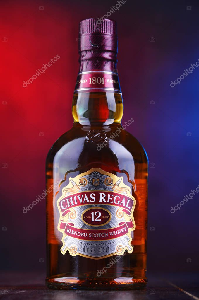 POZNAN, POL - NOV 29, 2018: Bottle of Chivas Regal 12, a blended Scotch whisky made from whiskies matured for at least 12 years, produced by Chivas Brothers in Keith, Scotland