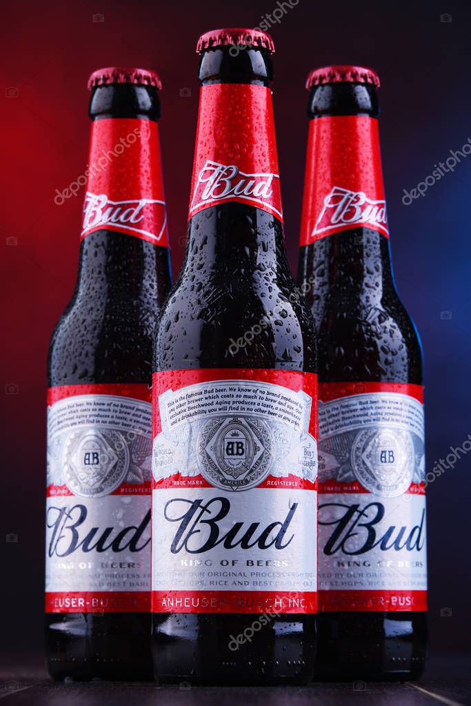 POZNAN, POL - NOV 29, 2018: Bottles of Bud beer, an American-style pale lager produced by Anheuser-Busch, introduced in St. Louis, Missouri in 1876.