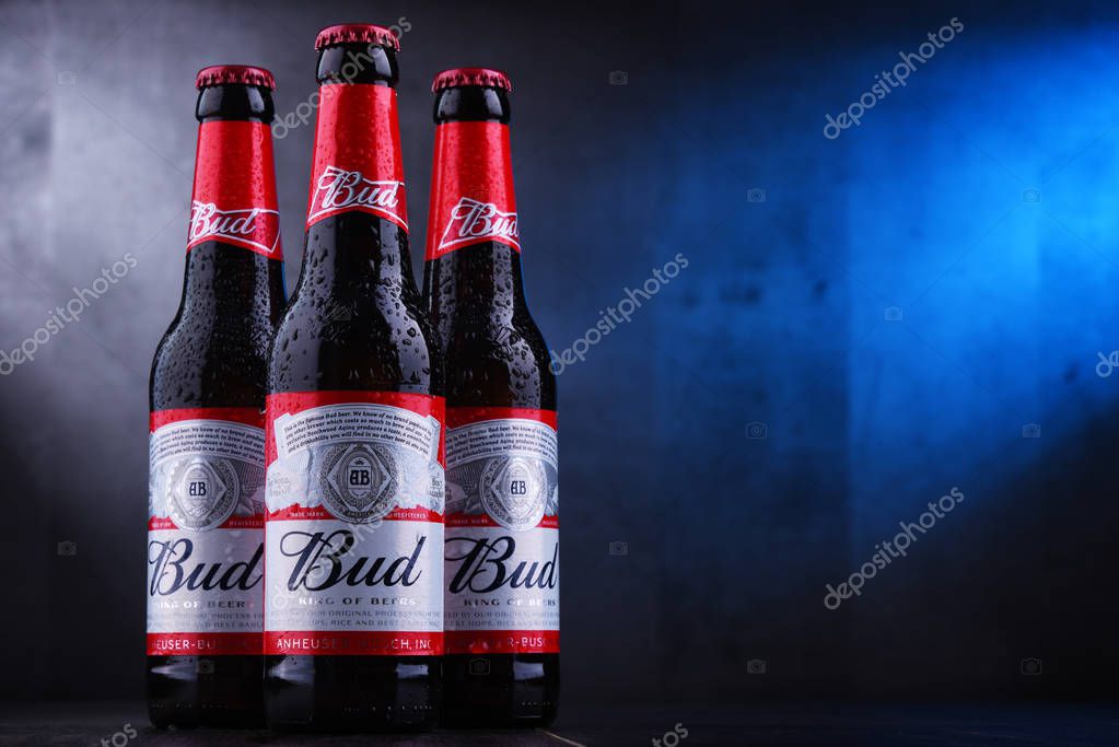 POZNAN, POL - NOV 29, 2018: Bottles of Bud beer, an American-style pale lager produced by Anheuser-Busch, introduced in St. Louis, Missouri in 1876.