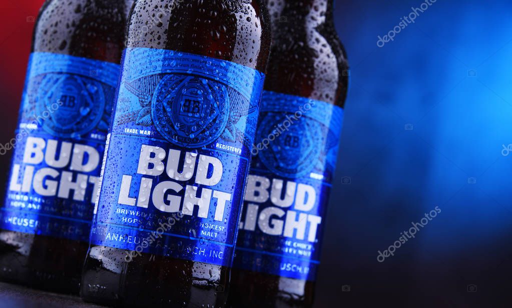 POZNAN, POL - NOV 29, 2018: Bottles of Bud Light beer, an American light beer, produced by Anheuser-Busch, introduced in 1982.