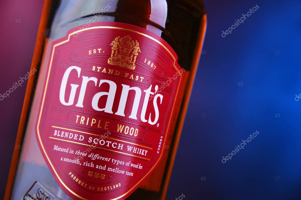 POZNAN, POL - NOV 29, 2018: Bottle of Grant's whisky, the oldest family-owned blended whisky, bottled by William Grant & Sons in Scotland, currently sold in over 180 countries.