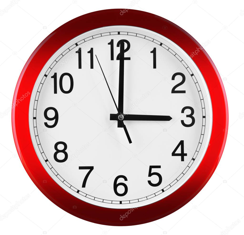 Wall clock isolated on white background. Three oclock.