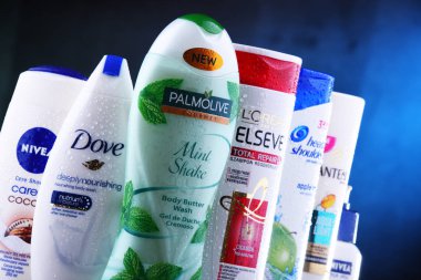 Poznan, Polonya - 5 Aralık 2018: Plastik kaplar Loreal, Nivea, güvercin, Palmolive ve baş ve omuzlar gibi yaygın olarak kullanılan en popüler küresel markalar da dahil olmak üzere vücut bakım ürünleri