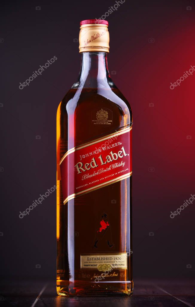 POZNAN, POL - NOV 29, 2018: Bottle of Johnnie Walker, the most widely distributed brand of blended Scotch whisky in the world with sales of over 130 million bottles a year.