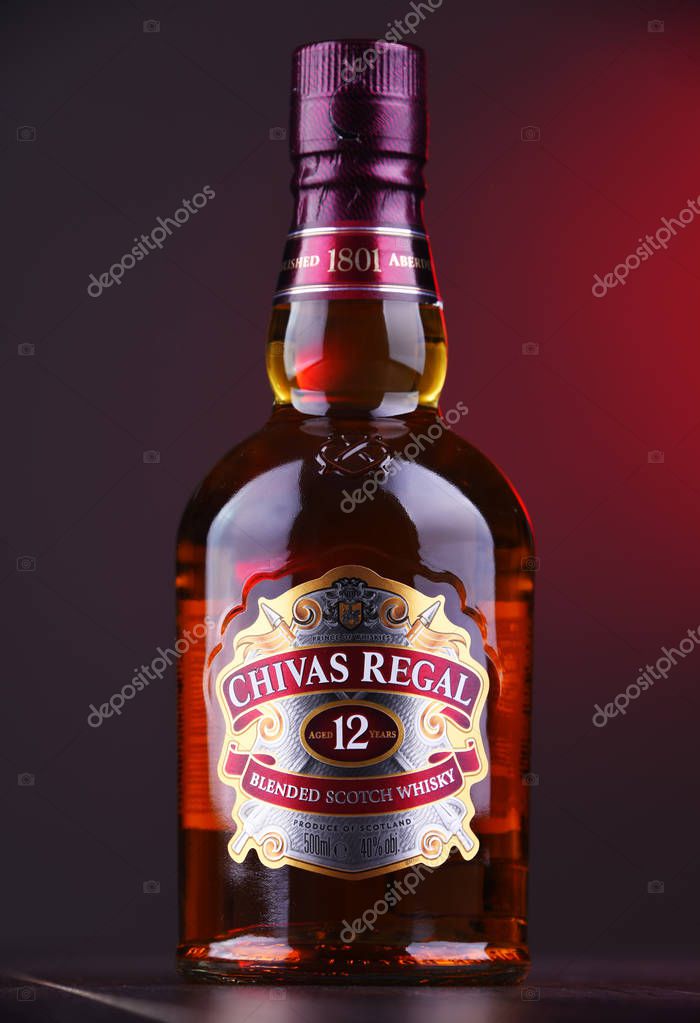 POZNAN, POL - NOV 29, 2018: Bottle of Chivas Regal 12, a blended Scotch whisky made from whiskies matured for at least 12 years, produced by Chivas Brothers in Keith, Scotland