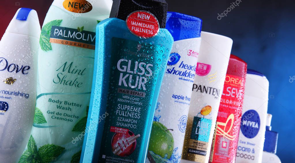 POZNAN, POLAND - DEC 5, 2018: Plastic containers of body care products including widely available most popular global brands as LOreal, Nivea, Dove, Palmolive, Head & Shoulders and Schwarzkopf