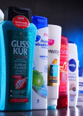 Poznan, Polonya - 5 Aralık 2018: Plastik kaplar Loreal, Nivea, güvercin, Palmolive, baş ve omuz ve Schwarzkopf yaygın olarak kullanılan en popüler küresel markalar da dahil olmak üzere vücut bakım ürünleri