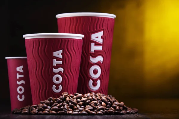 Poznań Grudzień 2018 Kubki Costa Coffee Marka British Coffeehouse Wielonarodowe — Zdjęcie stockowe