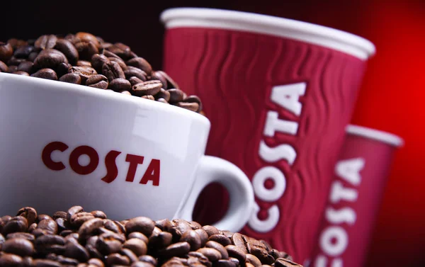 Poznań Grudzień 2018 Kubki Costa Coffee Marka British Coffeehouse Wielonarodowe — Zdjęcie stockowe