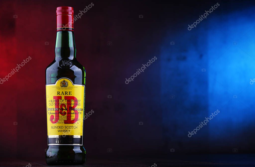 POZNAN, POL - DEC 12, 2018: Bottle of J&B Rare blended Scotch whisky, a product of Justerini & Brooks Ltd. fine wine and spirits merchant who have been supplying to every British monarch since 1761