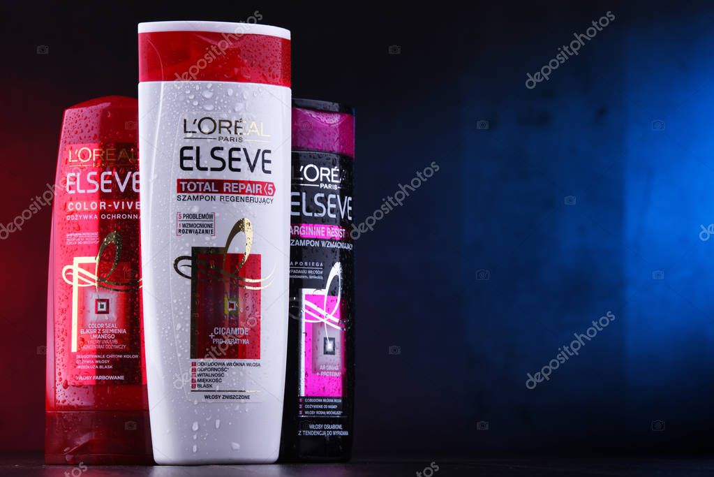 POZNAN, POL - DEC 5, 2018: Products of L Oreal, a French cosmetics company headquartered in Clichy, Hauts-de-Seine. It is the world's largest cosmetics producer.